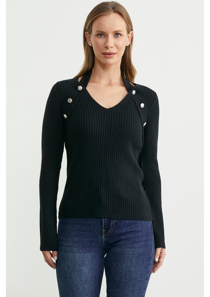 Boyundan Bantlı Fitilli Triko Kazak - Siyah