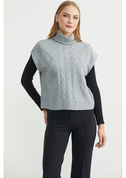 Tam Balıkçı Crop Triko Süveter - Gri