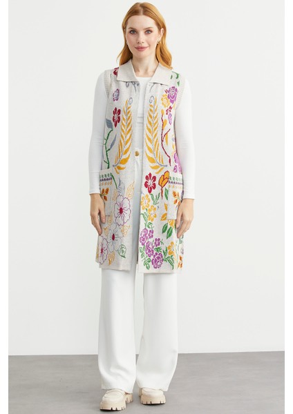 Renkli Çiçek Motifli Yünlü Uzun Triko Yelek - Bej