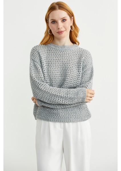 Payetli File Motif Triko Kazak - Gri