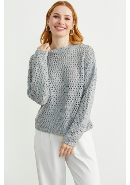 Payetli File Motif Triko Kazak - Gri modelleri