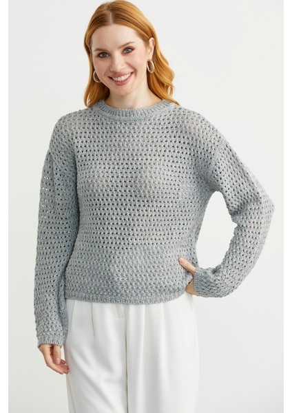 Payetli File Motif Triko Kazak - Gri fırsatları