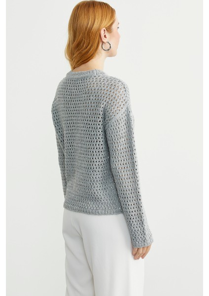 Payetli File Motif Triko Kazak - Gri indirimleri