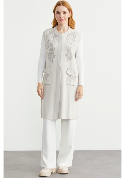 Cepli Uzun Yün Triko Yelek - Taş