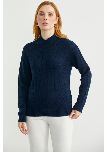 Dik Yaka Motifli Yünlü Triko Kazak - Lacivert