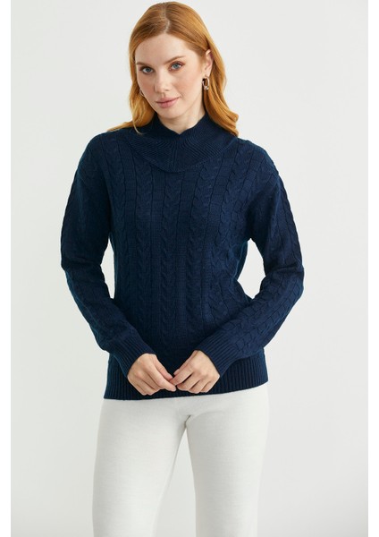 Dik Yaka Motifli Yünlü Triko Kazak - Lacivert fiyatları