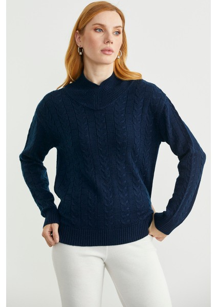 Dik Yaka Motifli Yünlü Triko Kazak - Lacivert modelleri