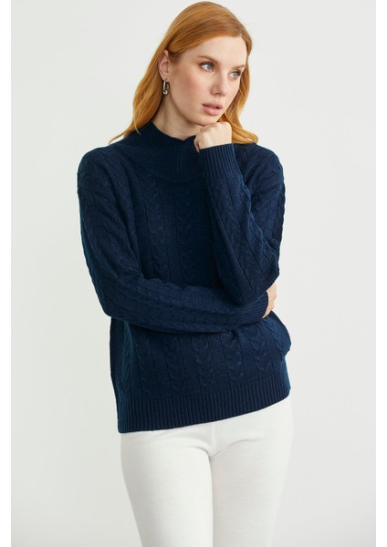 Dik Yaka Motifli Yünlü Triko Kazak - Lacivert fırsatları