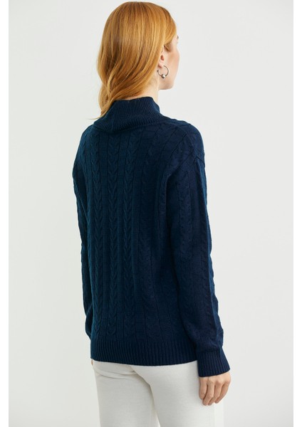 Dik Yaka Motifli Yünlü Triko Kazak - Lacivert indirimleri