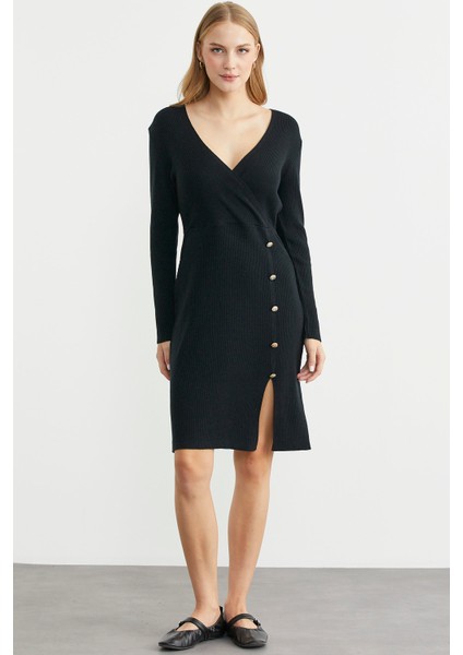 Kruvaze Düğme Detaylı Triko Elbise - Siyah