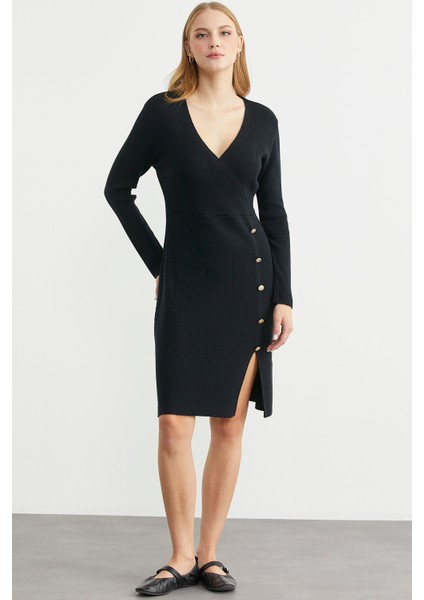 Kruvaze Düğme Detaylı Triko Elbise - Siyah fiyatları