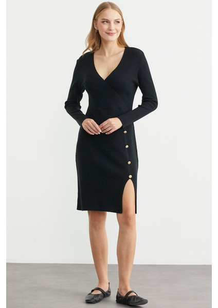 Kruvaze Düğme Detaylı Triko Elbise - Siyah modelleri