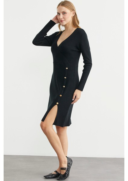 Kruvaze Düğme Detaylı Triko Elbise - Siyah fırsatları