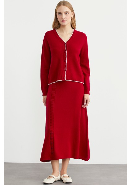 Kloş Etek Hırka Triko Takım - Kırmızı