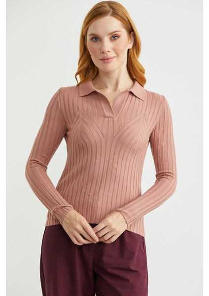 Polo Yaka Fitilli Triko Kazak - Gül