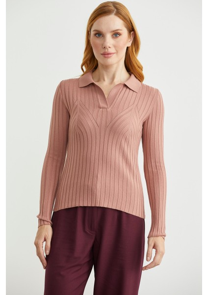 Polo Yaka Fitilli Triko Kazak - Gül fiyatları