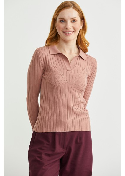 Polo Yaka Fitilli Triko Kazak - Gül modelleri