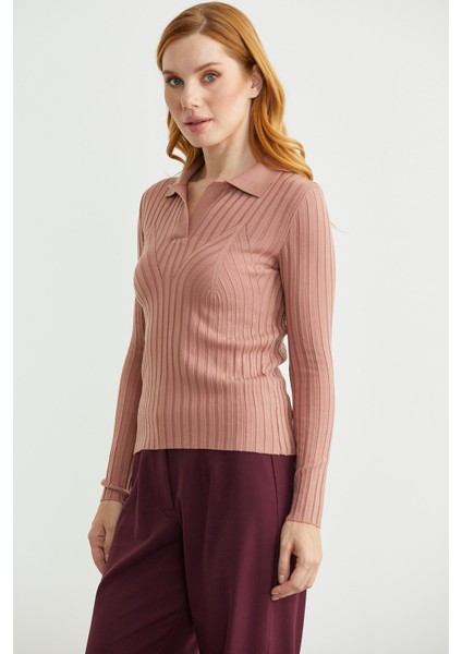 Polo Yaka Fitilli Triko Kazak - Gül fırsatları