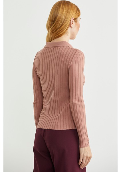 Polo Yaka Fitilli Triko Kazak - Gül indirimleri