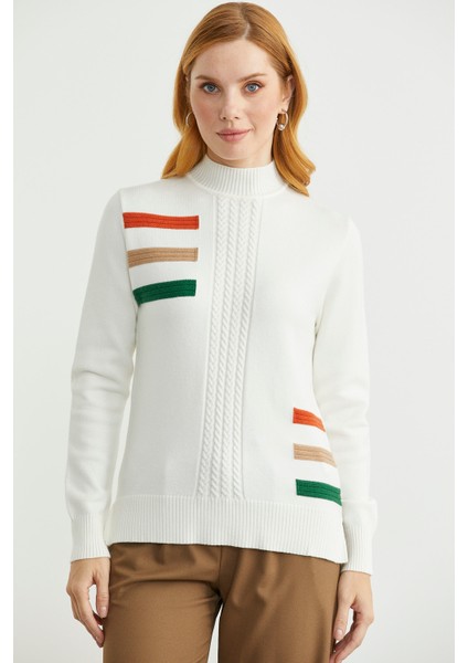 Dik Yaka Renk Detaylı Triko Kazak - Kemik fiyatları