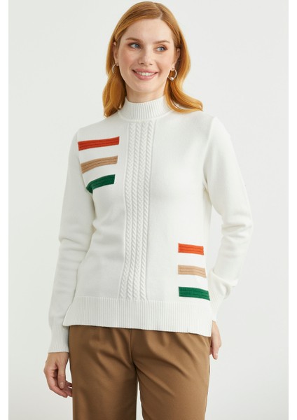 Dik Yaka Renk Detaylı Triko Kazak - Kemik modelleri