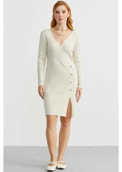 Kruvaze Düğme Detaylı Triko Elbise - Taş