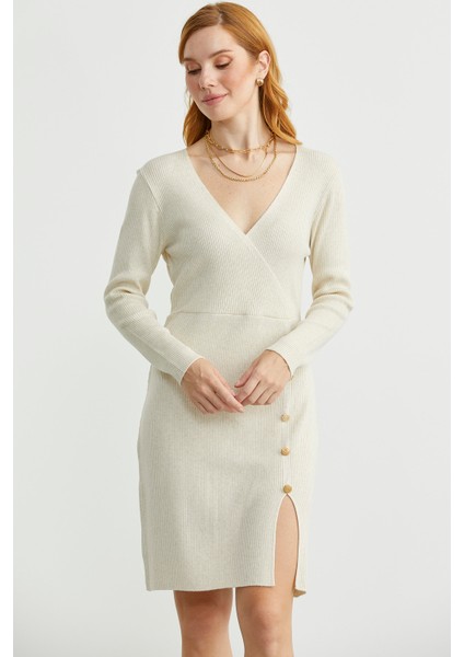 Kruvaze Düğme Detaylı Triko Elbise - Taş fiyatları