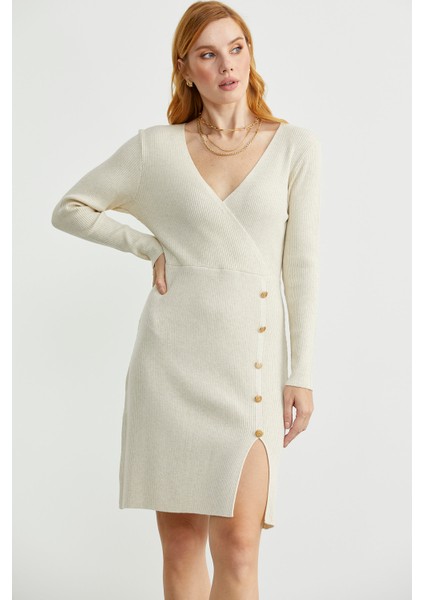 Kruvaze Düğme Detaylı Triko Elbise - Taş modelleri