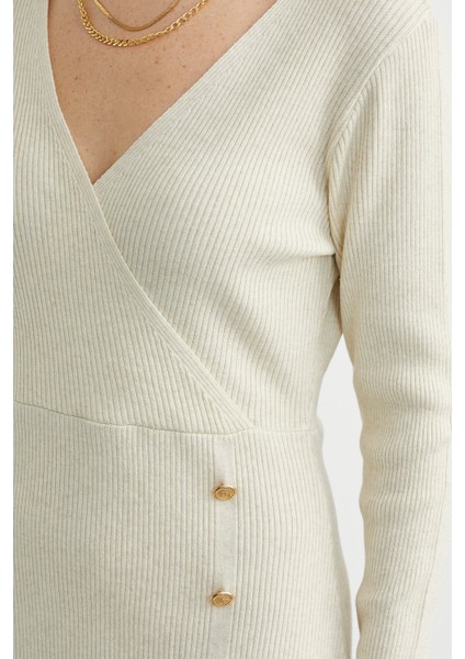 Kruvaze Düğme Detaylı Triko Elbise - Taş fırsatları