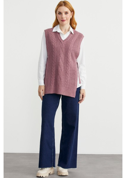 Yanları Bağlama Detaylı Yünlü Triko Süveter - Koyu Gül