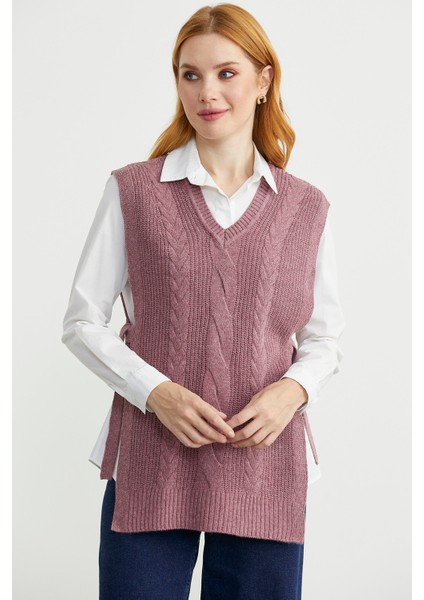 Yanları Bağlama Detaylı Yünlü Triko Süveter - Koyu Gül fiyatları