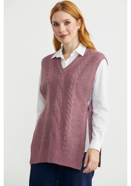 Yanları Bağlama Detaylı Yünlü Triko Süveter - Koyu Gül modelleri