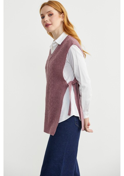 Yanları Bağlama Detaylı Yünlü Triko Süveter - Koyu Gül fırsatları