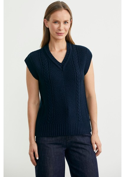 Yünlü V Yaka Triko Süveter - Lacivert