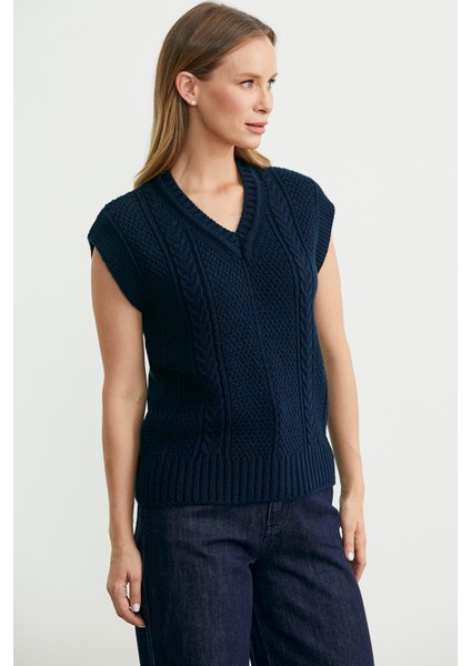 Yünlü V Yaka Triko Süveter - Lacivert fırsatları