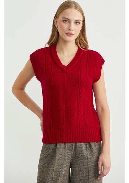 Yünlü V Yaka Triko Süveter - Kırmızı