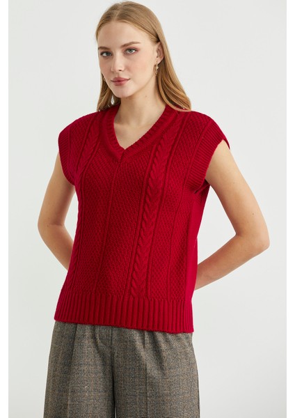 Yünlü V Yaka Triko Süveter - Kırmızı fiyatları
