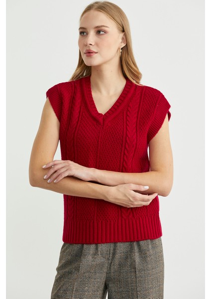 Yünlü V Yaka Triko Süveter - Kırmızı modelleri