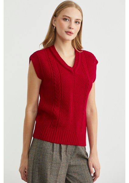 Yünlü V Yaka Triko Süveter - Kırmızı fırsatları