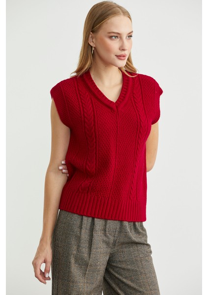 Yünlü V Yaka Triko Süveter - Kırmızı indirimleri