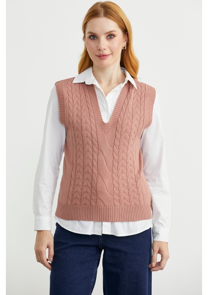 V Yaka Saç Örgü Triko Süveter - Gül