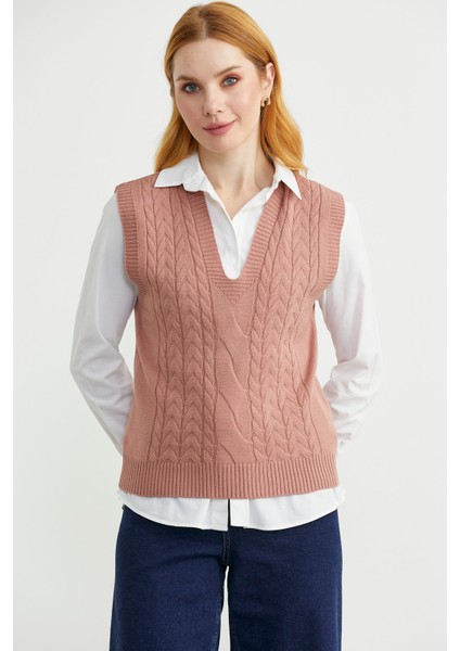 V Yaka Saç Örgü Triko Süveter - Gül fiyatları