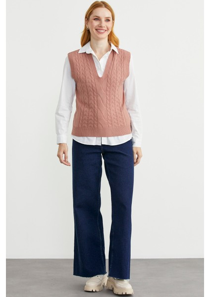 V Yaka Saç Örgü Triko Süveter - Gül modelleri