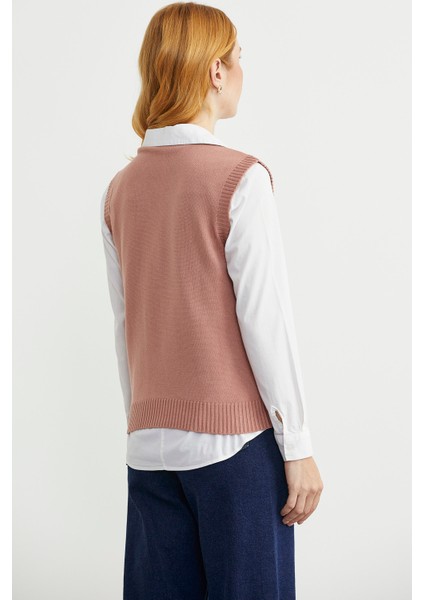 V Yaka Saç Örgü Triko Süveter - Gül indirimleri