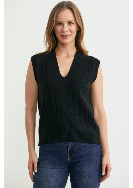 V Yaka Saç Örgü Triko Süveter - Siyah