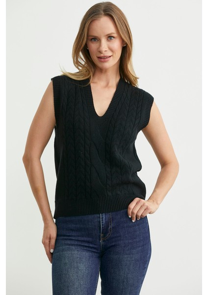 V Yaka Saç Örgü Triko Süveter - Siyah fiyatları