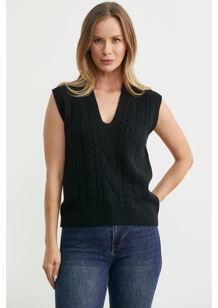 V Yaka Saç Örgü Triko Süveter - Siyah modelleri