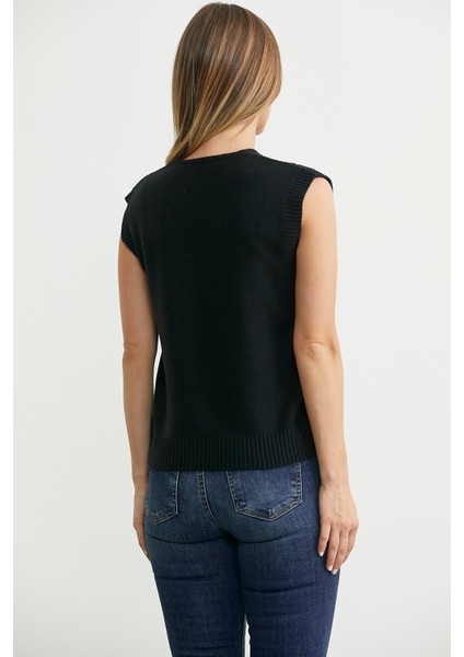 V Yaka Saç Örgü Triko Süveter - Siyah indirimleri