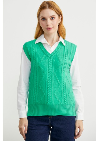 V Yaka Motifli Triko Süveter - Yeşil fiyatları