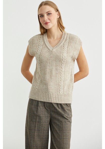 Yünlü V Yaka Triko Süveter - Bej modelleri